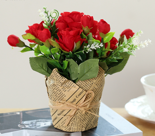 Hisow Artificial Flowers with Kraft Paper(Red）