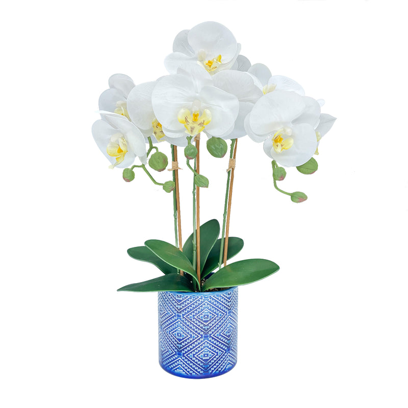 17" Faux Orchid Plant with Blue Ceramic Vase