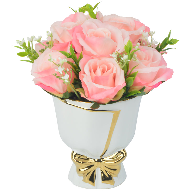 9Pcs Real Touch Roses with Ceramic Vase