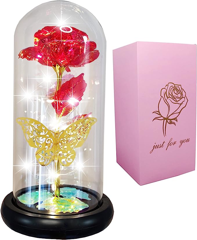 Hisow Galaxy Rose in Glass Dome (Red)