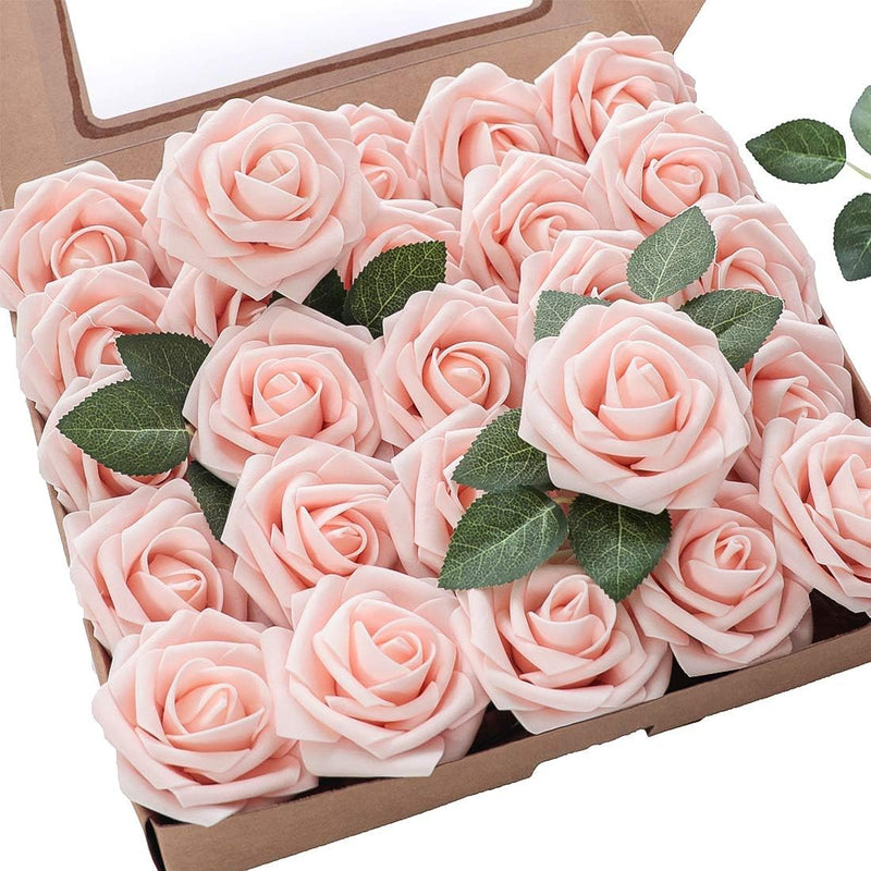 Hisow 25pcs Real Looking Blush Foam Fake Roses with Stems (Champagne Pink)