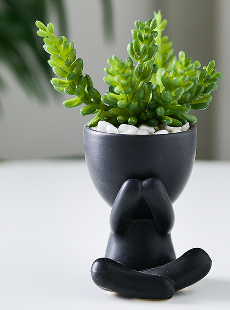 Hisow Artificial Succulent Plants in Human Shaped Black Ceramic Pot（Sit）