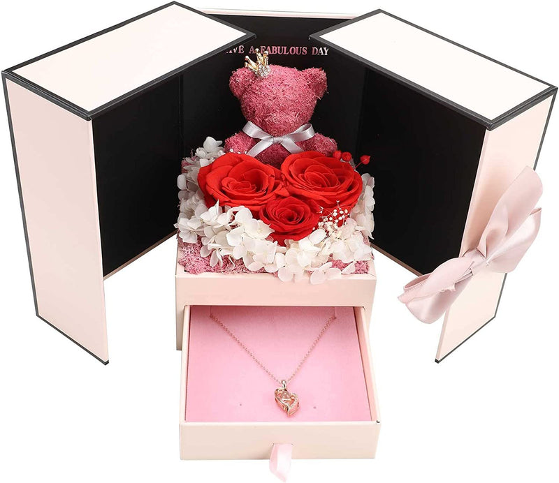 Hisow Preserved Red Real Roses Present Without Necklace (Bear)